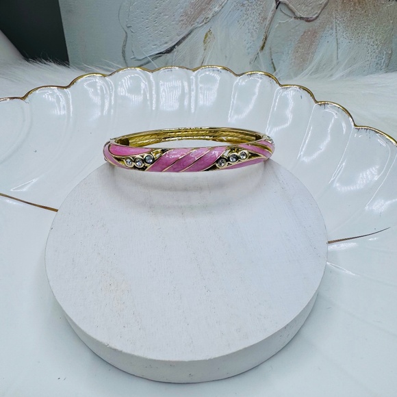 Pink Enamel Cloisonne Bracelet Bangle w/ Rhinestones - Picture 4 of 9